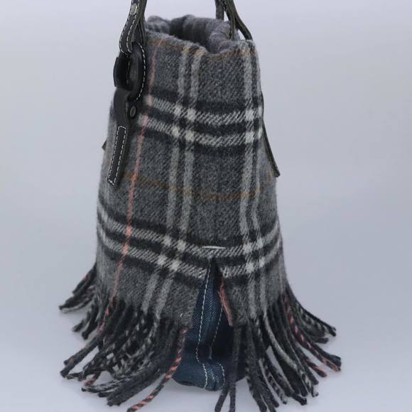 BURBERRY Nova Check Scarf Style Blue Label Hand Bag Wool Gray Silver Auth 96942 - Picture 4 of 16